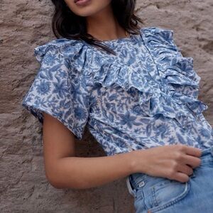 Mirth Bergen Blue Floral Ruffle Blouse Silk Cotton Handmade Ethical Size small